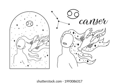 Cancer Zodiac Vector Illustration set, female cancer symbol sign constellation 