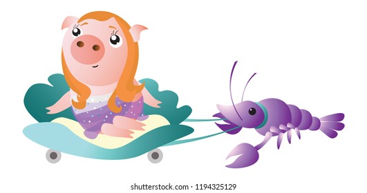 Cancer. Zodiac.A pig in a cart that drags crayfish.Chinese horoscope symbol 2019.  Vector illustration.Isolated on transparent background. Excellent for the design of postcards, posters, stickers etc.