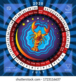 Cancer zodiacal circle caledar 2020. Vector astrological illustration