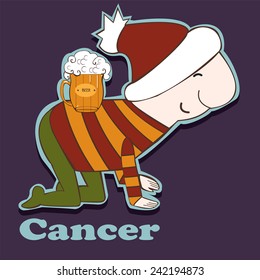 Cancer.File contains image of cartoon man with beer mug.Funny zodiac single. Scrap booking style.