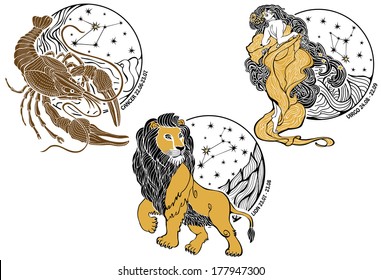 Cancer,Leo stand.Virgo one female with long flowing hair dressed in ancient Greek tunic.Behind are stars in Horoscope circle with the constellations. Set of three signs of the zodiac.White background.