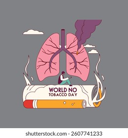 Cancerous lungs on a cigarette with "World No Tobacco Day" message, highlighting anti-smoking awareness.
