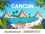 Cancun beach scene with Mayan pyramids palm trees tropical plants and ocean