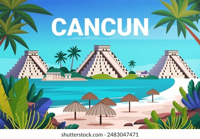 Cancun beach scene with Mayan pyramids palm trees tropical plants and ocean