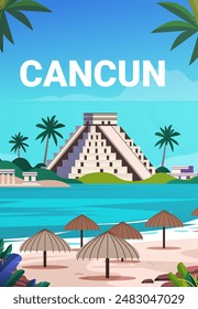 Cancun beach with umbrellas Mayan pyramid palm trees ocean tropical landscape travel destination tourism Mexico