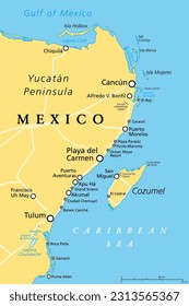 Cancun, Cozumel and Riviera Maya, Mexico, political map. Cancun, city on the coast of Yucatan Peninsula, north of Riviera Maya, a Caribbean coast resort, with Cozumel in the east of Playa del Carmen.