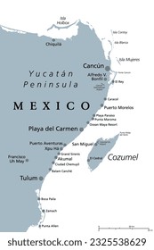 Cancún, Cozumel y Riviera Maya en México, mapa político gris. Cancún, ciudad en la costa de la península de Yucatán, al norte de la Riviera Maya, una localidad costera caribeña, con Cozumel al este de Playa del Carmen.