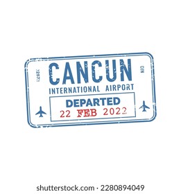 Cancun departed visa, travel by plane, passport travel stamp of Mexico. Vector vintage insignia, international mexican airport seal sign