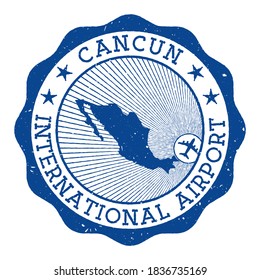 Cancun International Airport stamp. Airport of Cancun round logo with location on Mexico map marked by airplane. Vector illustration.