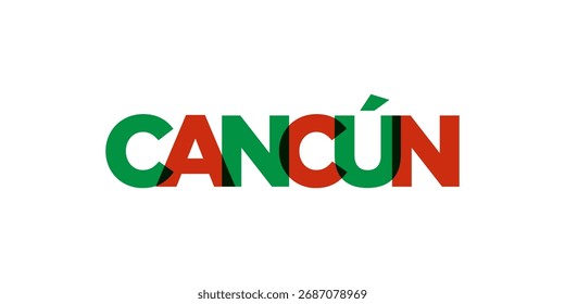 Cancun no emblema do México. O design apresenta um estilo geométrico, ilustração vetorial com tipografia em negrito em uma fonte moderna. A letra do slogan gráfico.