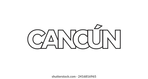 Emblema de Cancún en México para imprimir y web. El diseño presenta estilo geométrico, ilustración vectorial con tipografía audaz en fuente moderna. Letras gráficas de eslóganes aisladas en fondo blanco.