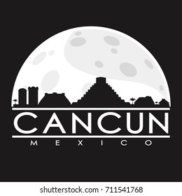 Cancun Mexico Full Moon Night Skyline Silhouette Design City Vector Art.