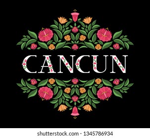 Cancun, Mexico illustration vector. Black background with traditional floral pattern from Mexican embroidery ornament for travel banner, tourist resort, souvenir card design.