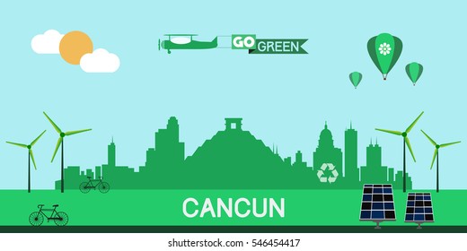 Cancun Mexico skyline silhouette flat design vector, green city concept