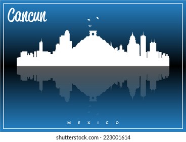 Cancun, Mexico, skyline silhouette vector design on parliament blue and black background. 