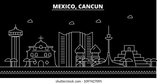 Cancun silhouette skyline. Mexico - Cancun vector city, mexican linear architecture, buildings. Cancun travel illustration, outline landmarks. Mexico flat icon, mexican line banner