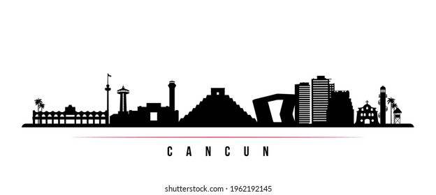 Cancun skyline horizontal banner. Black and white silhouette of Cancun, Mexico. Vector template for your design. 