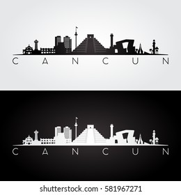 Cancun skyline and landmarks silhouette, black and white design, vector illustration.