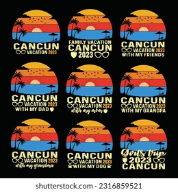 
Cancun Vacation 2023 Mexico Beach vintage Retro sunset T-shirt Design, with my family, mom, dad, grandpa, grandma, dog, friends, and girls enjoy summer Vibes Memories Together shirt poster print item