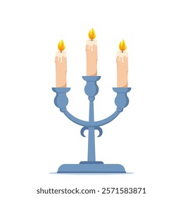 Candelabra or candle holder with three burning candles. Light, warmth. Interior element. Vector