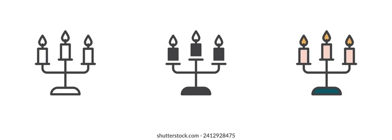Candelabra with candles different style icon set. Line, glyph and filled outline colorful version, outline and filled vector sign. Symbol, logo illustration. Vector graphics