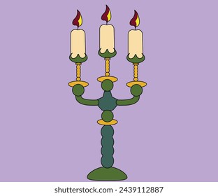 The candelabra consists of three candles on one stand. The candles have a fire of two different colors.