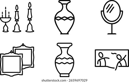 Candelabra, vasos decorativos, espelho, molduras de fotos e Wall Art Decor Home Icon Set