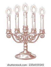 Candelabra with five burning candles. Hand drawn sketch vintage candlestick. Vector illustration