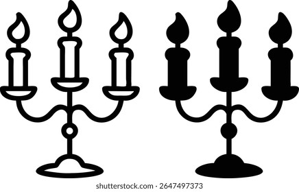 Conjunto de ícone Candelabra - Ilustração de vetor de símbolo de chama de suporte de vela preto e branco