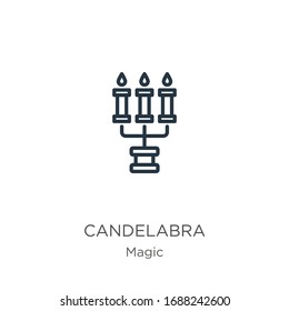 Icono de candelabra. Icono de contorno lineal delgado aislado en fondo blanco de la colección mágica. Signo vectorial de línea, símbolo para web y móvil