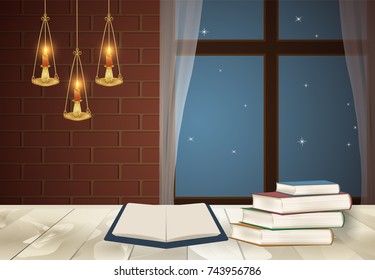 Candelabra with pile of book on the table vintage style background