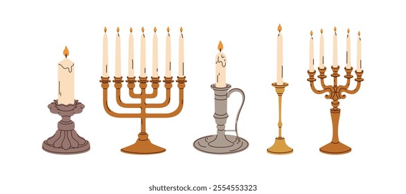 Candelabra set. Vintage multi-branched candelabrum, retro candleholder for taper. Antique candlestick, old traditional light holders, decoration. Flat vector illustration isolated on white background