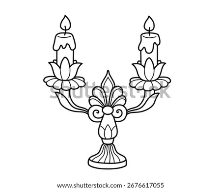 Candelabra with two burning candles. Elegant vintage decorative coloring book element. Outline contour vector isolated illustration.