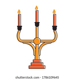 Candelabrum or candelabra candle holder with three candles lit flat color icon for apps and websites