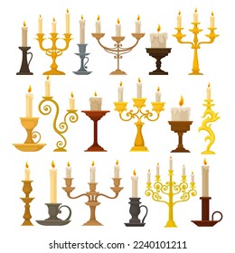 Candelabrum or Candle Holder with Burning Candle Rested in It Vector Set