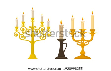 Candelabrum or Candle Holder with Burning Candle Rested in It Vector Set