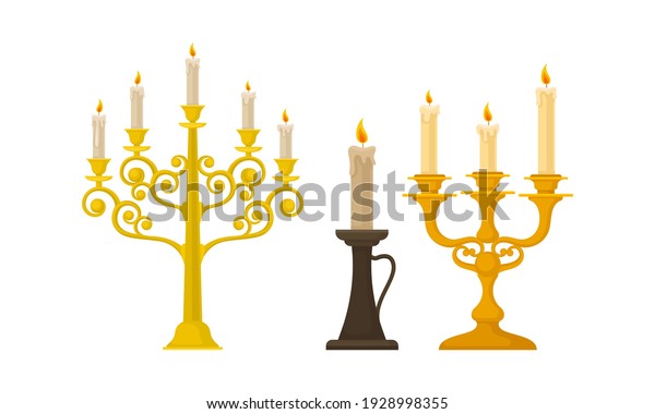 Candelabrum or Candle Holder with Burning Candle\
Rested in It Vector\
Set