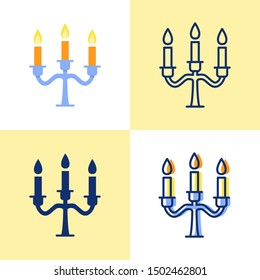 Candelabrum icon set in flat and line style. Chandelier with burning candle sticks symbol. Home interior decor. Vector illustration.
