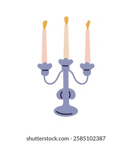 Candelabrum with lit candles in holders. Candleholder with tall taper pillar candlelight decoration. Festive light decor in candlesticks. Flat vector illustration isolated on white background