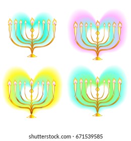Candelabrum menorah seven lights,  inside bright hearts for Israeli Jewish religious holiday outline vector golden in color gradient