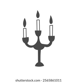 Candelabrum with three burning Candles. Hand drawn ancient vintage lighting equipment. Outline vector illustration