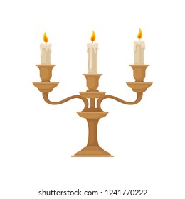 Candelabrum with three burning candles with melting wax, vintage bronze candlestick vector Illustration