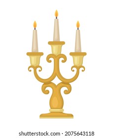 Candelabrum with three burning wax candles. Decorative vector golden candlesticks isolated on white background