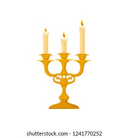 Candelabrum with three candles, vintage golden candlestick vector Illustration on a white background