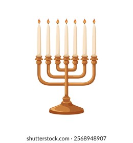 Candelabrum, traditional seven-branched menorah. Golden candleholder for Hanukkah holiday. Candlestick, candelabra with lit taper candles. Flat vector illustration isolated on white background