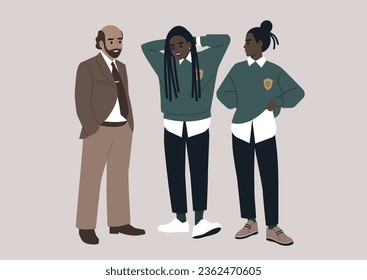 A candid illustration capturing students engaged in animated conversation with their professor in a bustling college hallway, epitomizing the everyday educational process