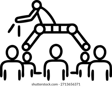 Momento sincero de ingenieros resolviendo problemas de un concepto de robot mientras Medianos ingenieros se reunían alrededor de un robot que funcionaba mal y resolvían problemas con franqueza en un entorno de taller. En Photo Stock Concept, espacio de copia para publicidad o Anuncio con Photo Realistic como detalle de alta calidad --ar 7:2