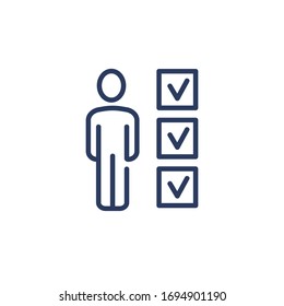 Candidate analysis thin icon. Person, checklist, tick marks. Line icon for recruiting, hiring, personnel selection, employment, hr concept