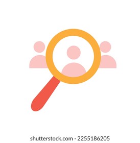 Candidate choice icon. Magnifying glass on user avatars, metaphor for work of HR manager and selection of candidates for vacancy. Graphic element for website. Cartoon flat vector illustration