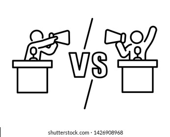 Candidate dispute versus opposition with megaphone concept debate banner outline vector